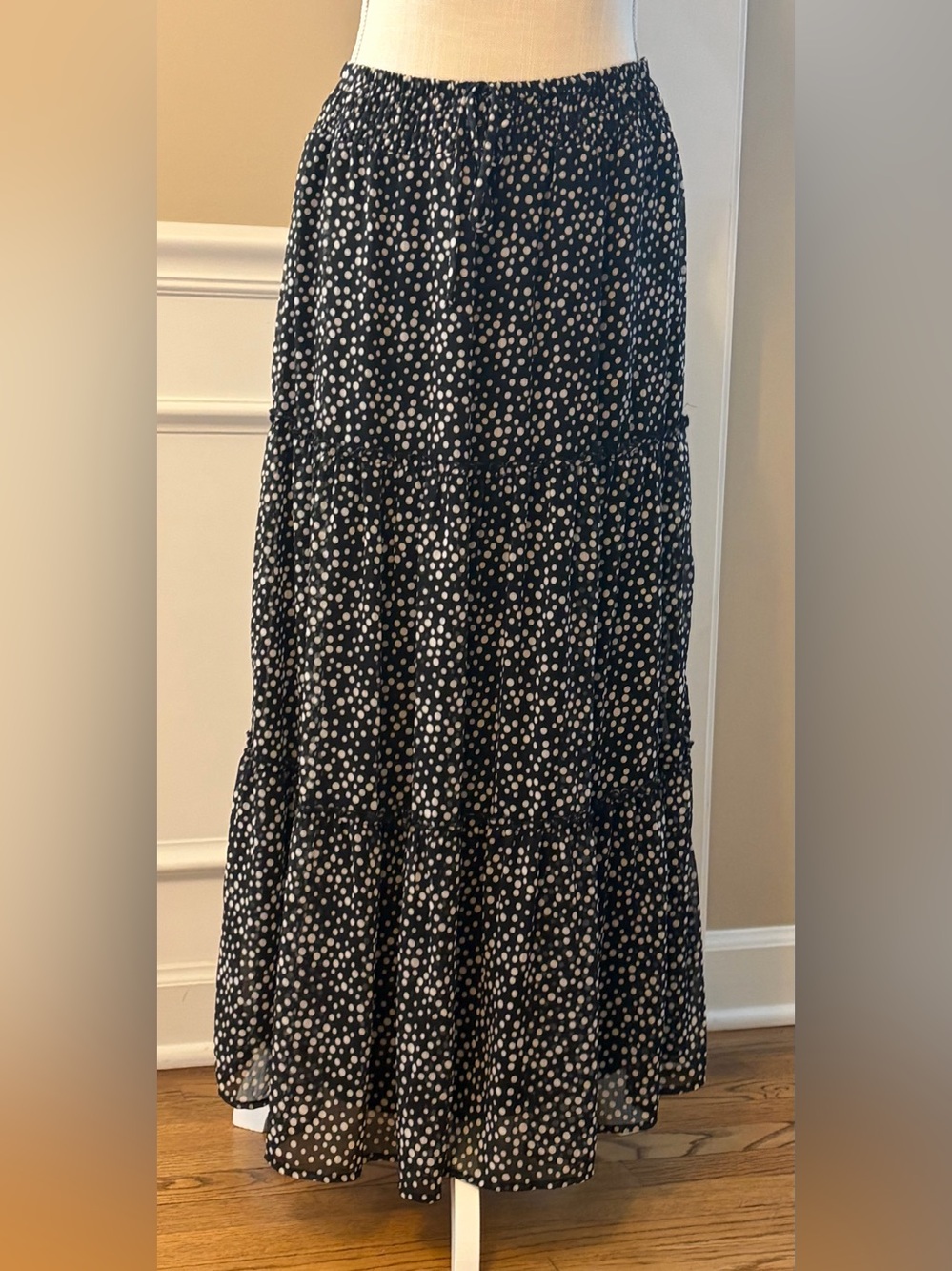 Sara Michelle Polka Dot Tiered Maxi Skirt Black White Elastic Waist - Size Med